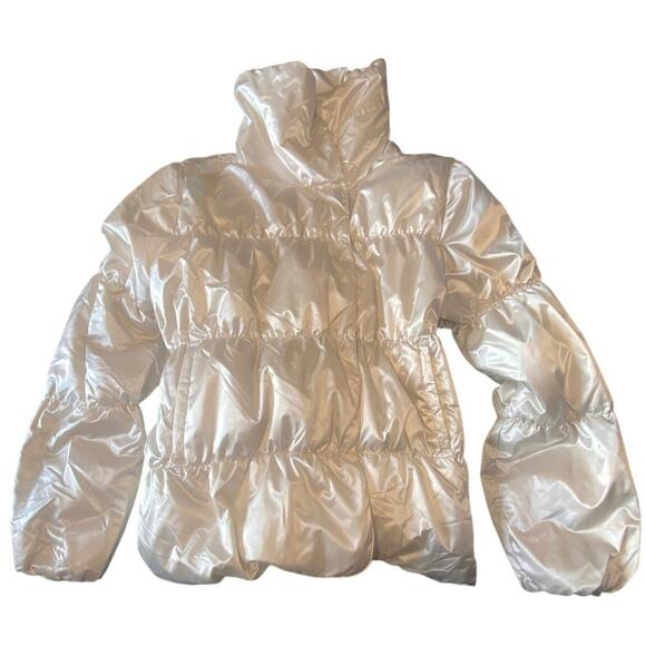 Old Navy Women XL Shiny Puffer Jacket High Neck Pearl White Quilted Winter Coat - Picture 1 of 5